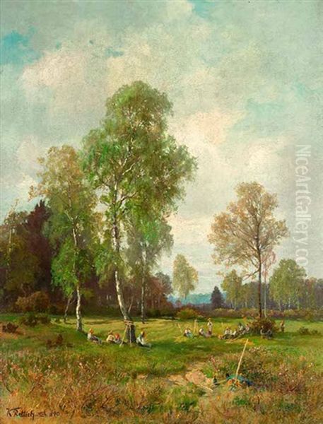 Rast Bei Der Heuernte An Einem Spatsommertag Oil Painting by Karl Lorenz Rettich