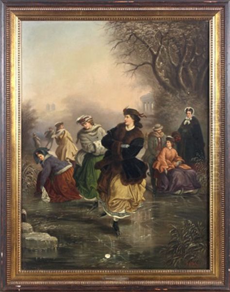 Schlittschuhlaufer Im Englischen Garten In Munchen Oil Painting by Heinrich Rettig