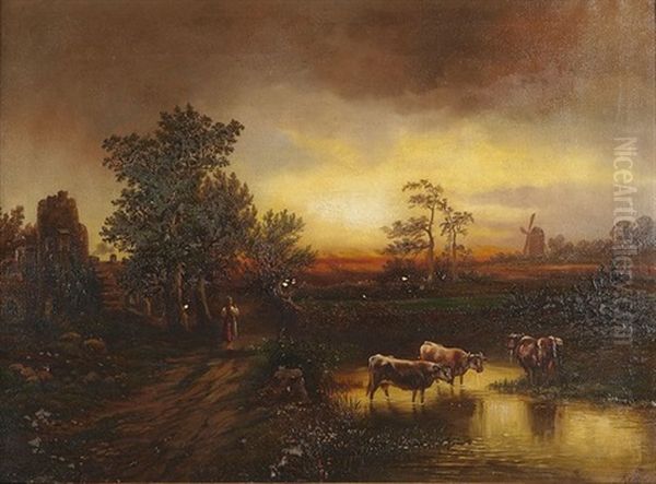 Niederlandische Flusslandschaft In Der Abenddammerung Oil Painting by Heinrich Rettig