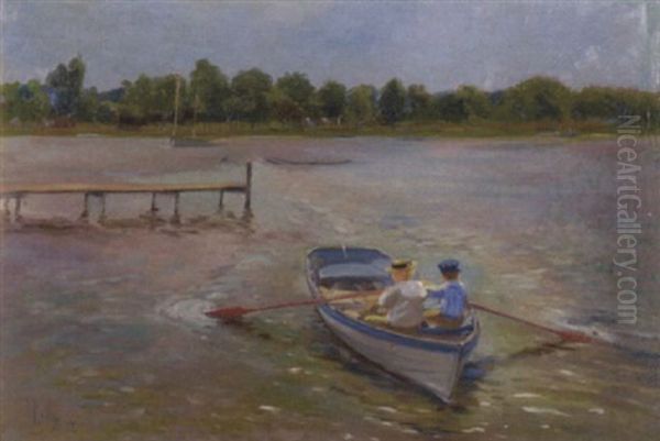 Children In A Paddle Boat Oil Painting by John Rettig