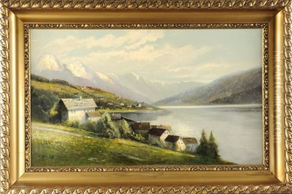 Dorf Am Bergsee Oil Painting by Carl Friedrich W.A. Retzlaff