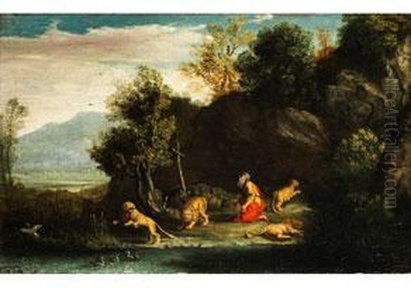 Der Heilige Hieronymus In Anbetung Des Kreuzes, Umgeben Von Lowen Oil Painting by Pietro Paolo Bonzi