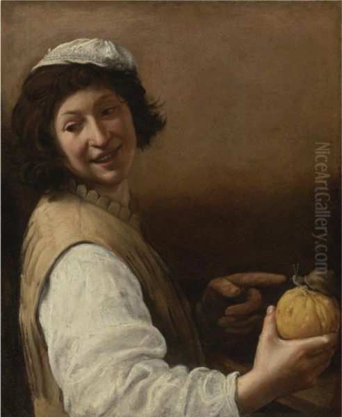 Laughing Young Man With A Melon And Snail Oil Painting by Pietro Paolo Bonzi