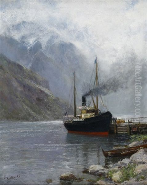 Geirangerfjord Mit Dem Postdampfer An Der Anlegestelle Oil Painting by Elizabeth Reuter