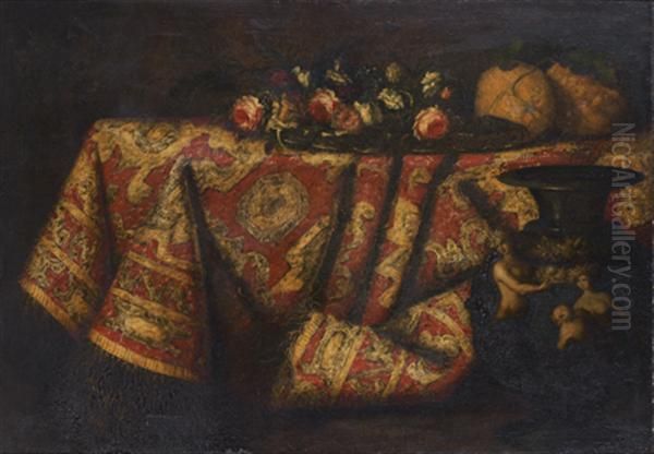 Nature Morte Aux Fleurs Et Citrons De Sorrente Sur Un Entablement Recouvert D'un Tapis Oil Painting by Pietro Paolo Bonzi