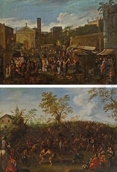 Pendants - Marktszene In Einer Sudlichen Stadt Und Ringkampf In Sudlicher Landschaft Vor Einer Zuschauermenge (pair) Oil Painting by Willem Reuter