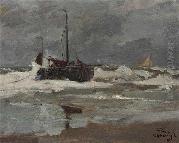 A Fishing Vessel In Choppy Waters, Katwijk Oil Painting by Henry Reuterdahl