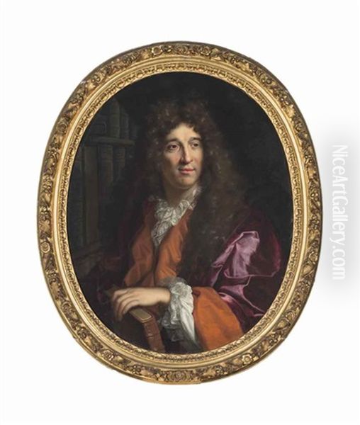 Portrait Of Monsieur Jean Bouhier (1673-1746), President Au Parlement De Dijon, Half-length, In A Red Coat With Lace Collar And Cuffs, His Left Hand Resting On A Book Oil Painting by Gabriel Revel