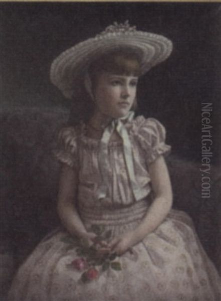 Portrait Of A Girl Holding Roses Oil Painting by Aurelius Revenaugh