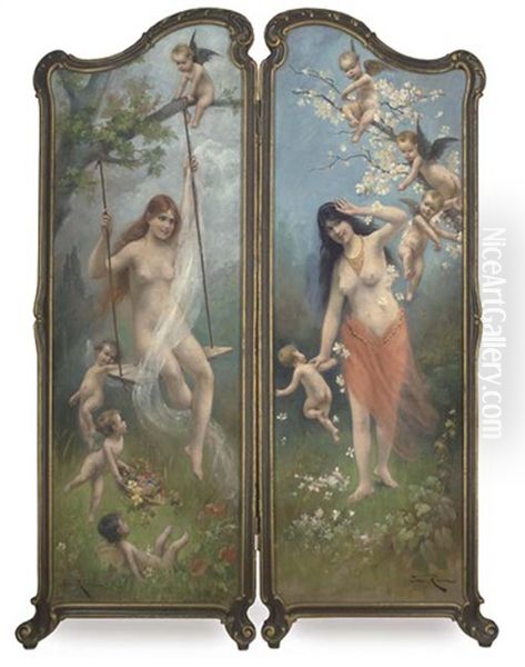 An Allegory Of Spring And Summer (on 2-fold Screen) Oil Painting by Imre Revesz