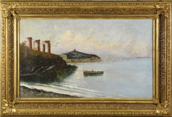 Coastal Landscape With A Boat A Ruins Oil Painting by Enrico Reycend