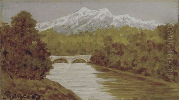 Paesaggio Fluviale Con Ponte E Montagna Innevata Oil Painting by Enrico Reycend