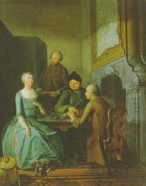 Eine Dame Gustiert Ein Glas Likor In Gesellschaft Dreier Herren Oil Painting by Nicolaes Reyers