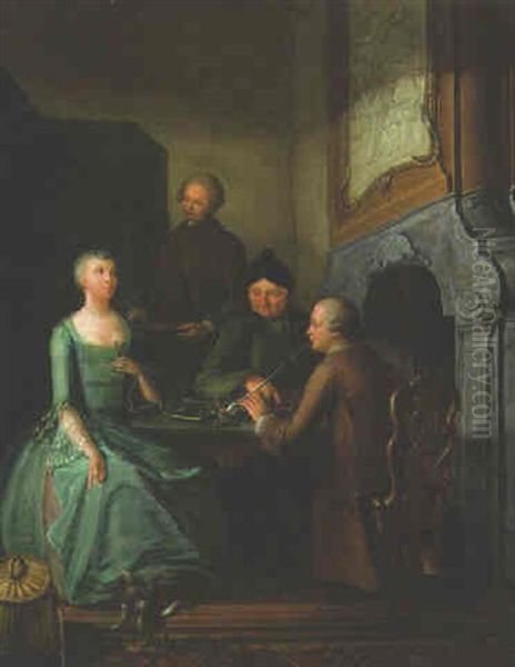 Elegant Company Seated By A Fireplace In An Interior Oil Painting by Nicolaes Reyers