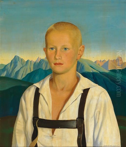 Portrait Of A Boy In A Mountain Landscape Oil Painting by Herbert Reyl-Hanisch