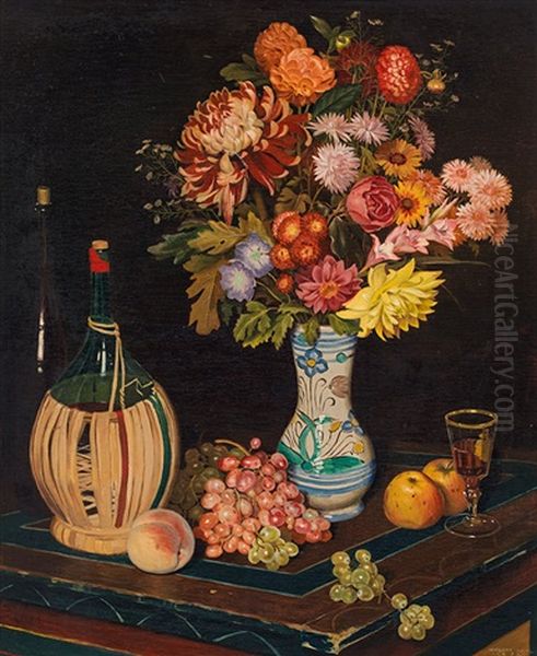 Stillleben Mit Blumenvase, Chiantiflasche Und Obst Oil Painting by Herbert Reyl-Hanisch