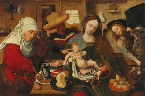 The Madonna And Child With Saints Elizabeth And Joachim And An Angel Oil Painting by Marinus van Reymerswaele