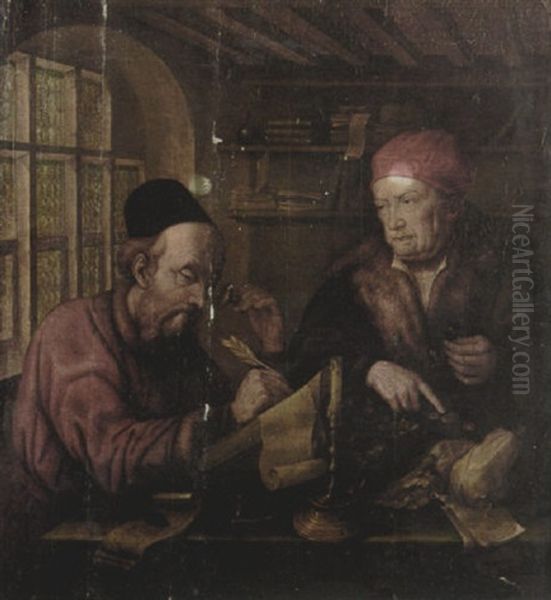 Two Men Seated At A Table Counting Money Oil Painting by Marinus van Reymerswaele