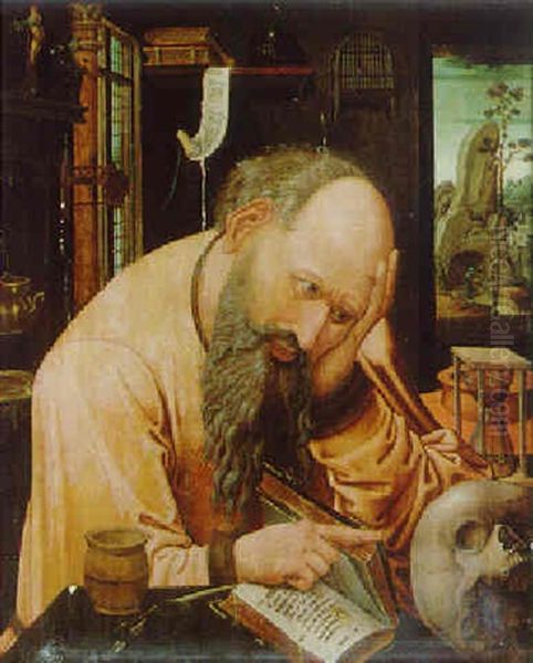 Saint Jerome In His Study, A Landscape With Saint Jerome In Penitence Beyond Oil Painting by Marinus van Reymerswaele