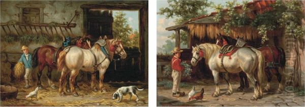 Feeding The Horses; And The End Of The Day Oil Painting by Willem Jacobus Boogaard