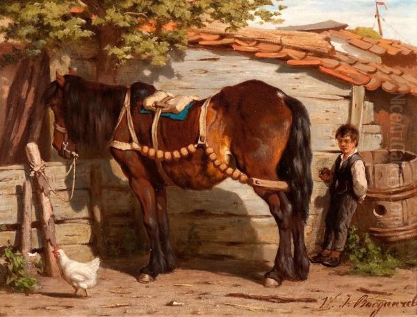 Workhorse With Farm Hand Oil Painting by Willem Jacobus Boogaard