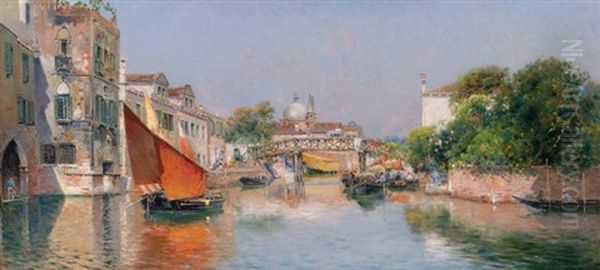 A Venetian Canal Oil Painting by Antonio Maria de Reyna Manescau