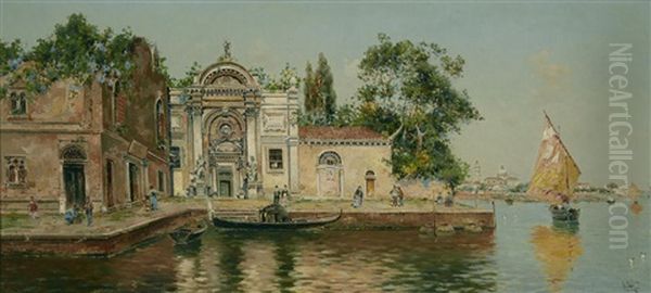 A Quiet Venetian Canal Oil Painting by Antonio Maria de Reyna Manescau