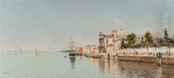 A Venetian Waterfront Oil Painting by Antonio Maria de Reyna Manescau