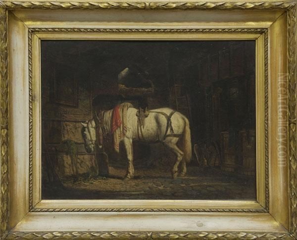 Study Of A Stable Interior With Grey Horse In Harness Oil Painting by Willem Jacobus Boogaard