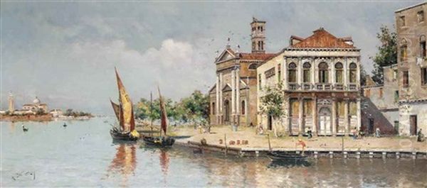 Settlements On The Venetian Lagoon Oil Painting by Antonio Maria de Reyna Manescau