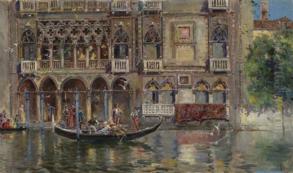 Scorcio Con Gondola E Palazzo Veneziano Oil Painting by Antonio Maria de Reyna Manescau