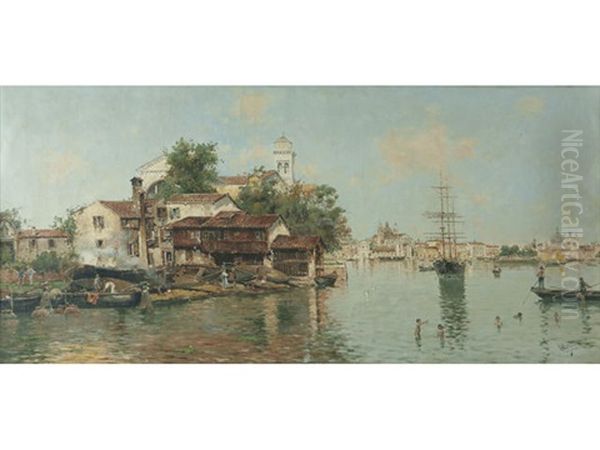 A Venetian Canal Oil Painting by Antonio Maria de Reyna Manescau