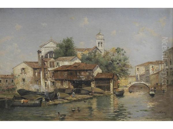 A Venetian Scene Oil Painting by Antonio Maria de Reyna Manescau