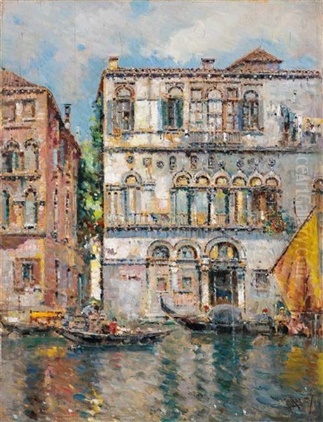 Gondeln In Einem Venezianischen Kanal Oil Painting by Antonio Maria de Reyna Manescau