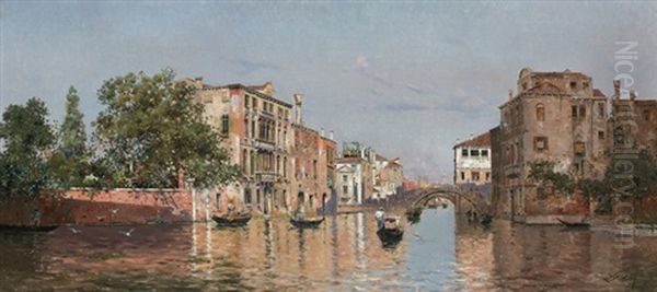 Canal In Venice Oil Painting by Antonio Maria de Reyna Manescau