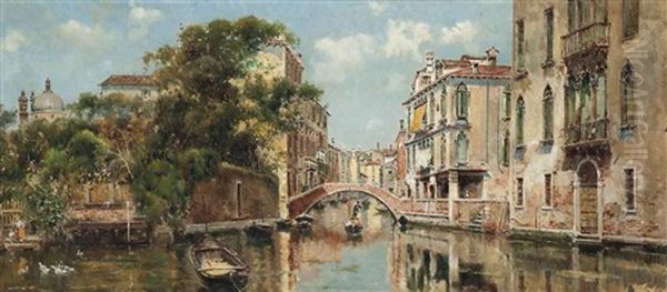 A Gondolier Before A Venetian Bridge Oil Painting by Antonio Maria de Reyna Manescau