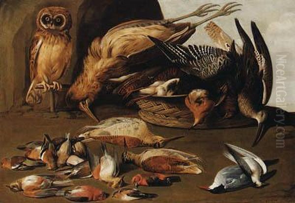 An Owl On A Perch With Dead Birds In A Landscape Oil Painting by Adriaen Geurtsz. Boogaert