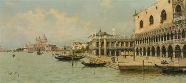 Gondolas By The Doge's Palace Oil Painting by Antonio Maria de Reyna Manescau