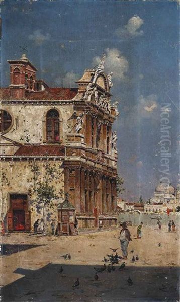 Feeding The Pigeons On Giudecca, Santa Maria Della Salute Beyond Oil Painting by Antonio Maria de Reyna Manescau