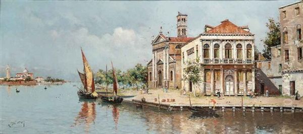 Settlements On The Venetian Lagoon Oil Painting by Antonio Maria de Reyna Manescau