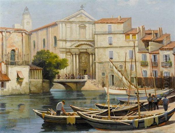 Kanal In Venedig Mit Kirchgangern Oil Painting by Antonio Maria de Reyna Manescau