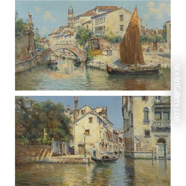 Venice (+ Another; Pair) Oil Painting by Antonio Maria de Reyna Manescau