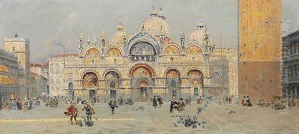 Blick Auf Den Markusplatz In Venedig, Im Vordergrund Rokokokavaliere Beim Tauben Futtern Oil Painting by Antonio Maria de Reyna Manescau