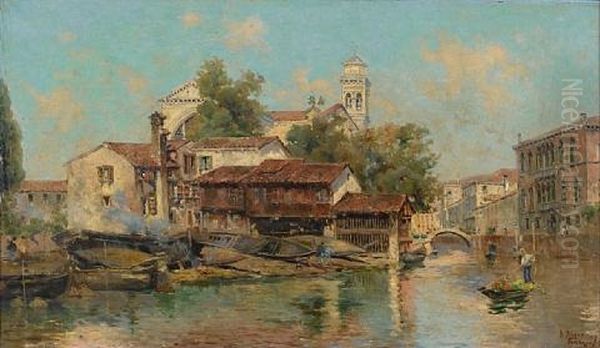 On A Venetian Canal Oil Painting by Antonio Maria de Reyna Manescau