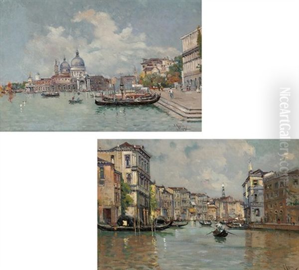 Gondolas Moored On The Molo, Santa Maria Della Salute Beyond (+ The Grand Canal, Venice; Pair) Oil Painting by Antonio Maria de Reyna Manescau