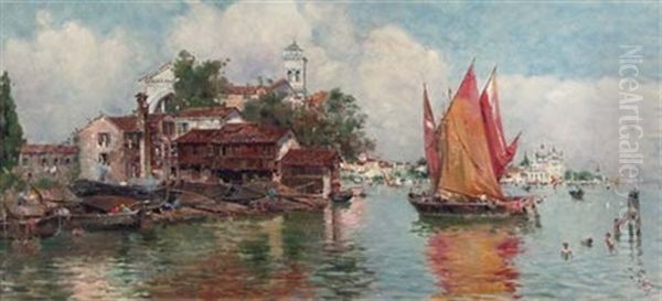 The Gondola Wharf With The Church Of San Giorgio Maggiore, Venice Oil Painting by Antonio Maria de Reyna Manescau