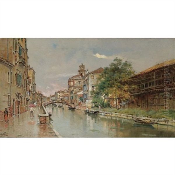 A Rainy Day On The Canal Oil Painting by Antonio Maria de Reyna Manescau