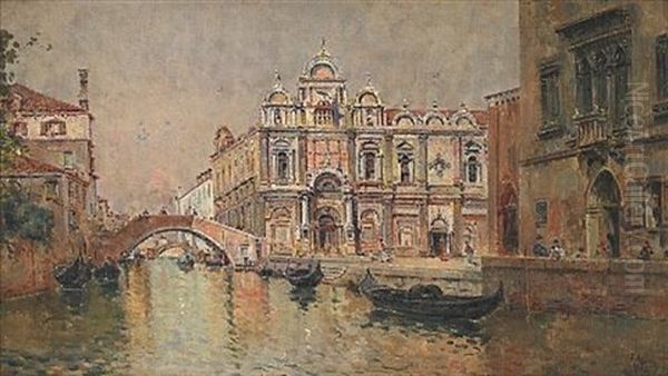 A Venetian Canal Scene With Gondolas In The Foreground Oil Painting by Antonio Maria de Reyna Manescau