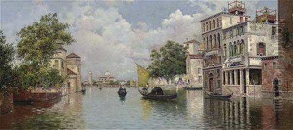 A Venetian Canal With A View Of The Island Of San Giorgio Maggiore In The Distance Oil Painting by Antonio Maria de Reyna Manescau