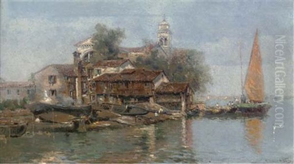 A Boatyard On The Venetian Lagoon Oil Painting by Antonio Maria de Reyna Manescau